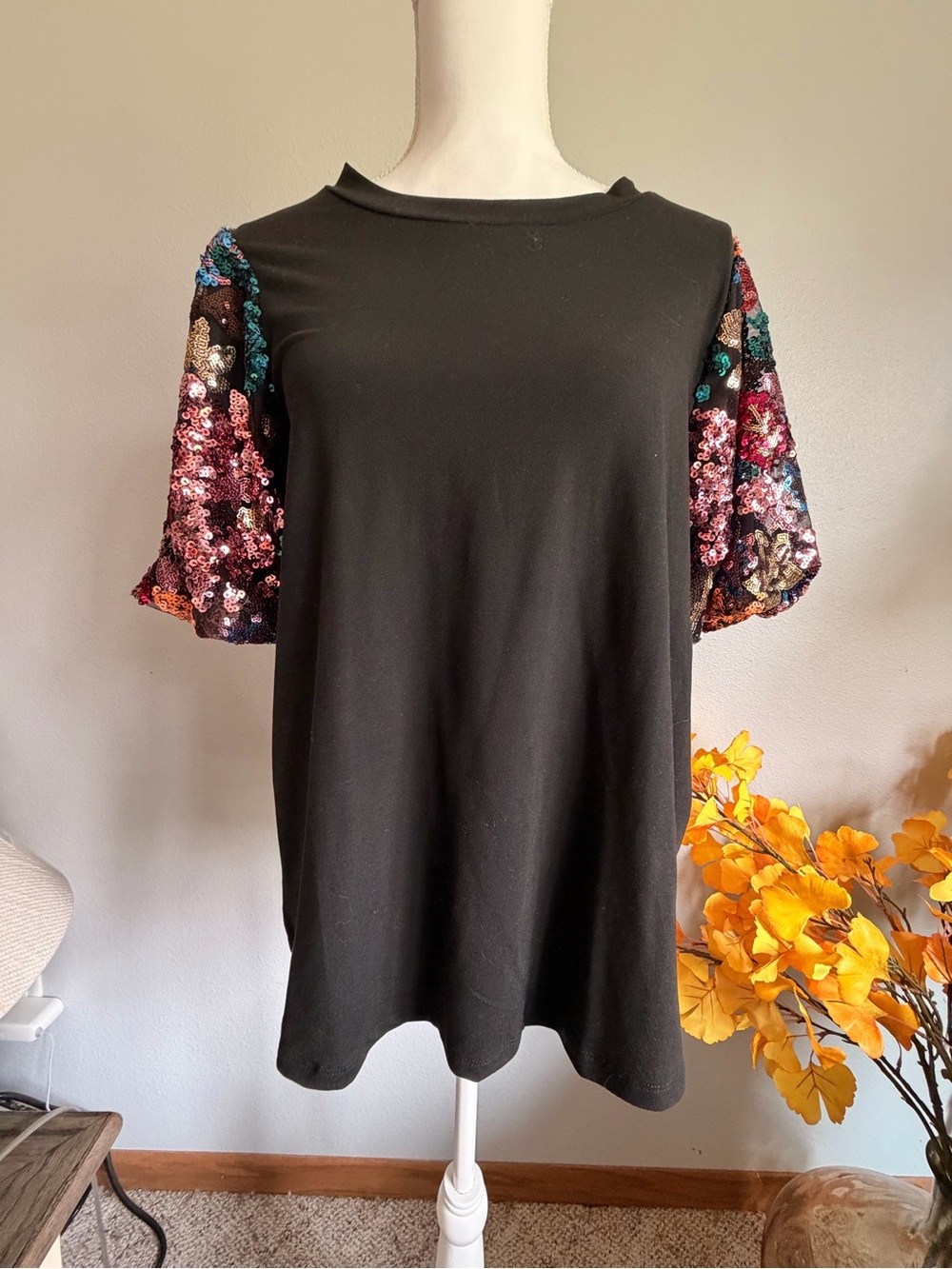 Black Top with Multicolor Sequin Short Sleeves